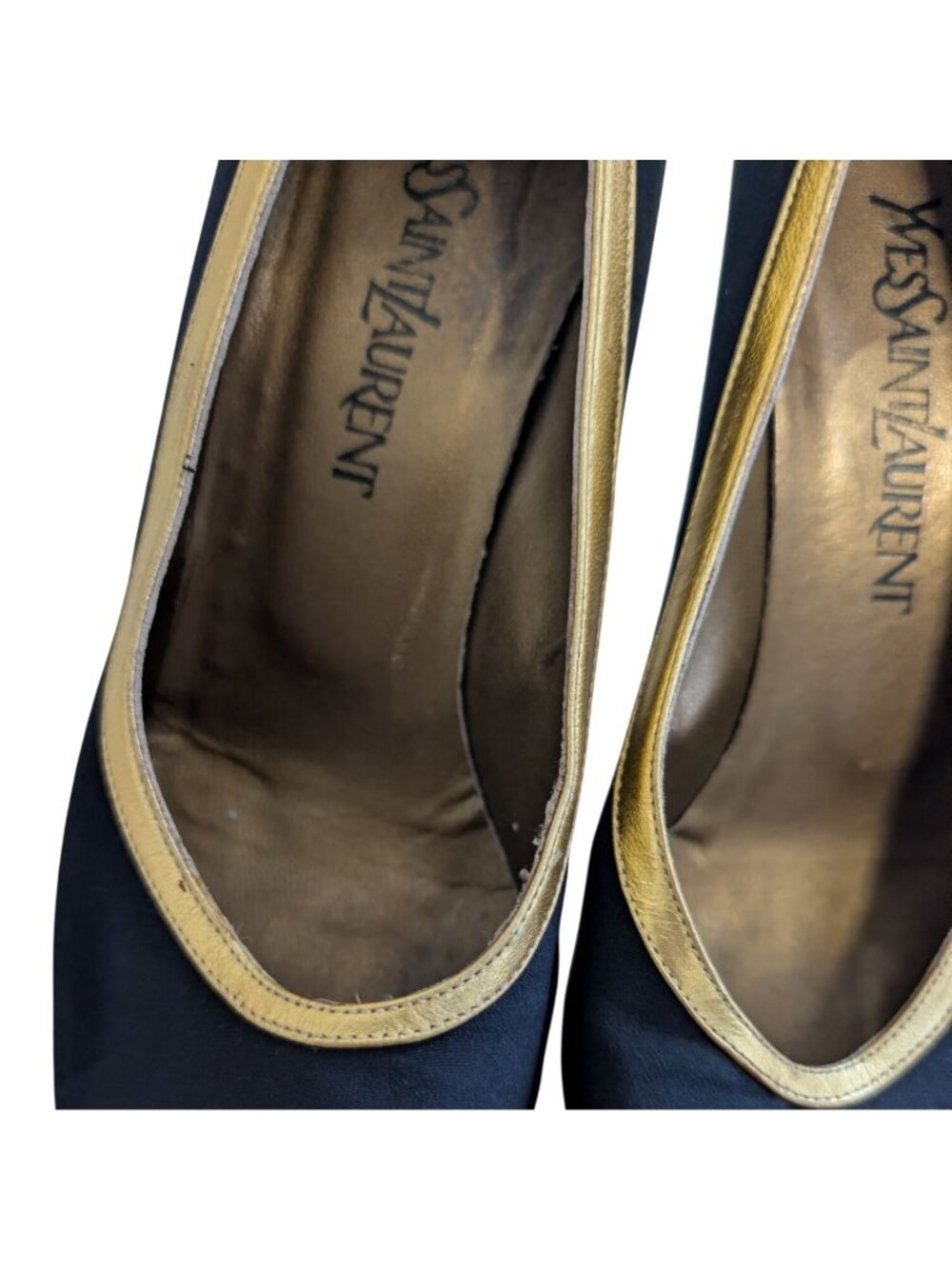 Vintage YSL Yves Saint Laurent Black Gold Metal Toe Heels Pumps Womens Size 8.5 - Picture 3 of 7